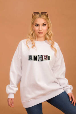 Beyaz Angel Baskılı Oversize Sweatshirt - 1