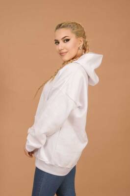 Beyaz Kapüşonlu Oversize Sweatshirt - 2