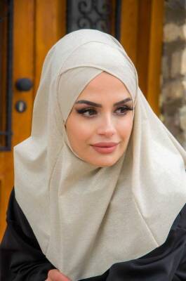 Ekru Işıltılı Çapraz Bantlı Medium Size Hijab - Hazır Şal - 1