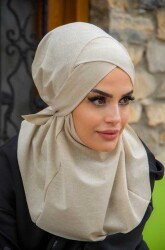 Ekru Işıltılı Çapraz Bantlı Medium Size Hijab - Hazır Şal - 2