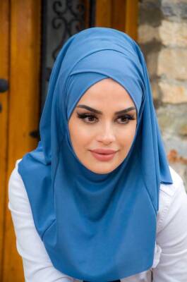 İndigo Çapraz Bantlı Medium Size Hijab - Hazır Şal - 1