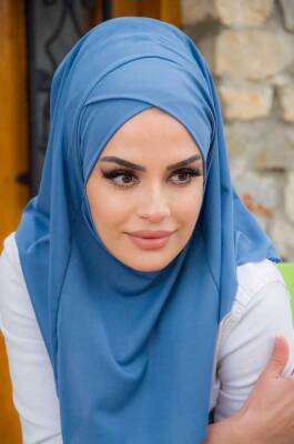 İndigo Çapraz Bantlı Medium Size Hijab - Hazır Şal - 3