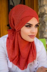 Kiremit Ponpon Çapraz Bantlı Medium Size Hijab - Hazır Şal - 1
