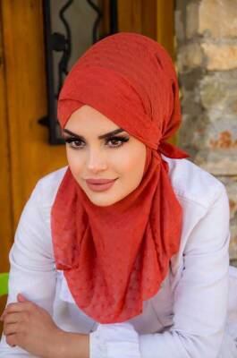 Kiremit Ponpon Çapraz Bantlı Medium Size Hijab - Hazır Şal - 3