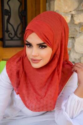 Kiremit Ponpon Çapraz Bantlı Medium Size Hijab - Hazır Şal - 6